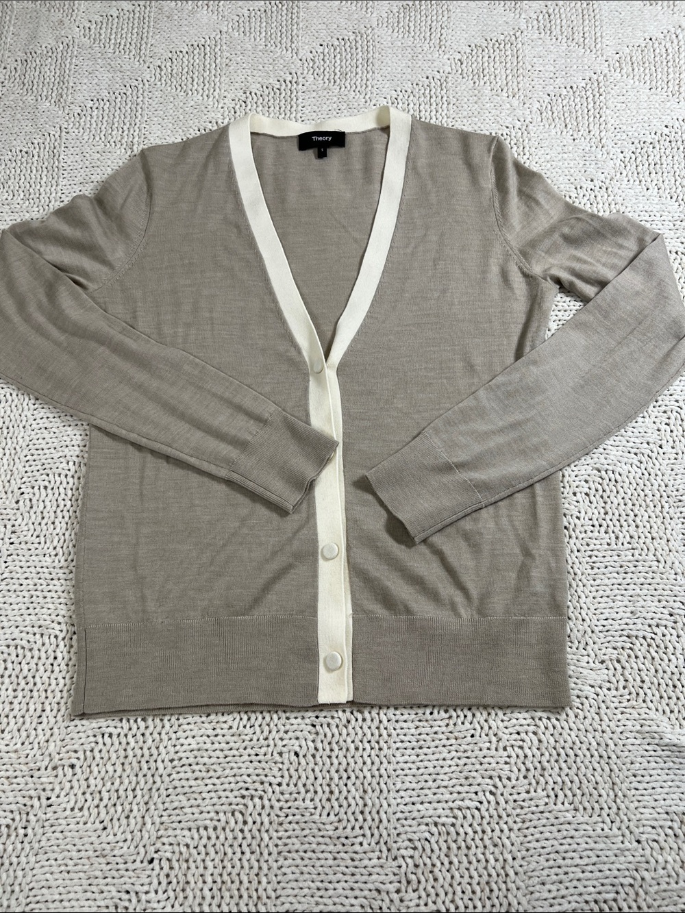 Theory Taupe Cardigan with Cream Contrast Trim